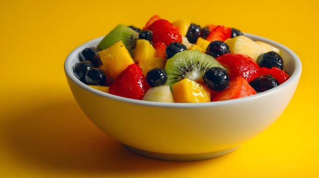 Fresh Fruit Salad Bowl with Colorful Assortment of Berries and Sliced Fruits.