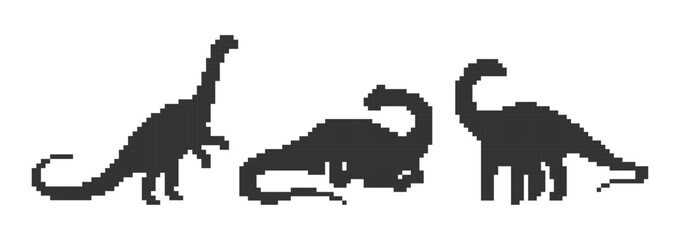 Pixel art Apatosaurus silhouette set in various walking poses. Retro 8-bit long-neck dinosaur graphics for games, educational content, and prehistoric themed designs. Vector illustration. © stockdevil