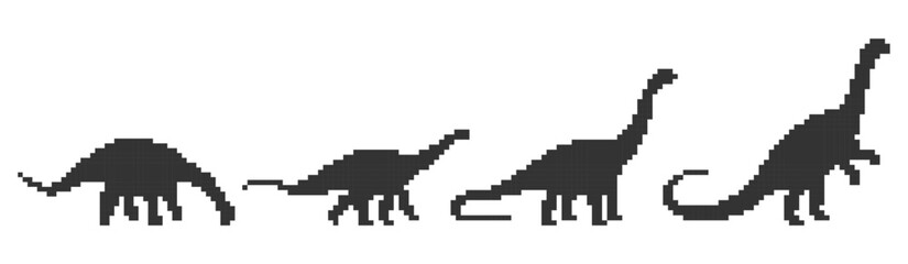 Pixel art Apatosaurus silhouette set in various walking poses. Retro 8-bit long-neck dinosaur graphics for games, educational content, and prehistoric themed designs. Vector illustration. © stockdevil