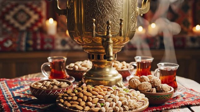 Elegant Russian Samovar With Traditional Tea Glasses Nuts and Sweets on Embroidered Tablecloth