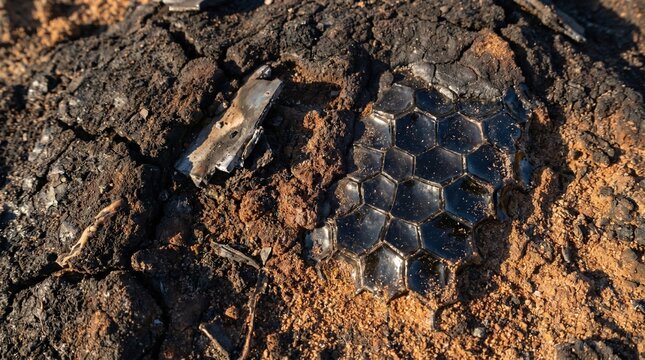 Close-up of Charred Debris with Hexagonal Honeycomb Glass Fragment in Scorched Earth