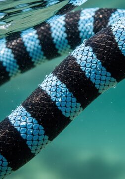Close-up of a Banded Sea Krait Snake Swimming Underwater with Blue and