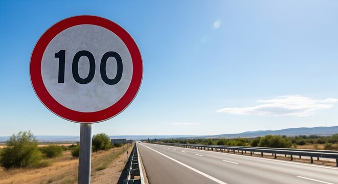 Speed limit sign 100 on highway with clear blue sky