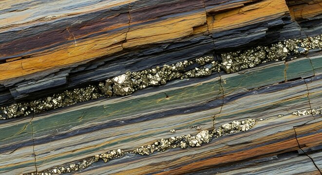 Macro view of natural pyrite mineral veins embedded in layered geological rock formation showing metallic gold crystals within sedimentary stone strata for science and educational background.