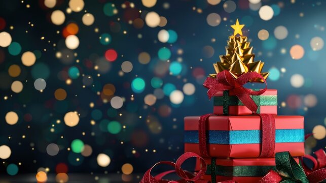 Colorful Christmas Present Stack with Sparkling Bokeh Background and Golden Star Topper for Festive Holiday Season