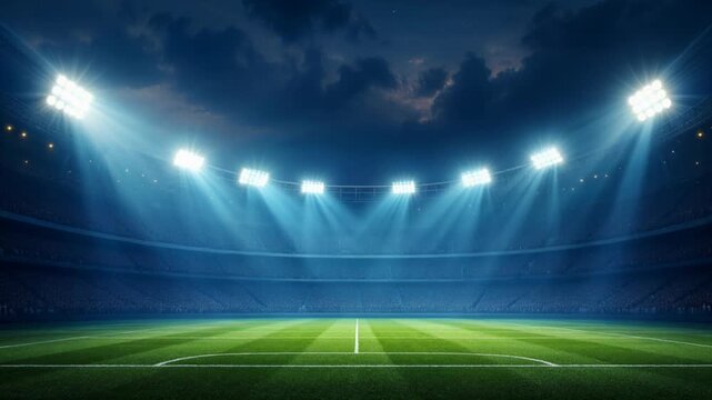 Night sports stadium field spotlight, empty arena pitch background, dramatic sky atmosphere, football soccer field stadium light green grass arena