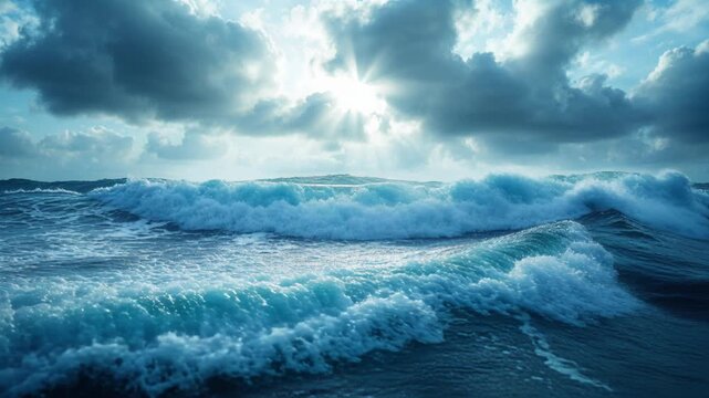 Stormy sea wave ocean water seascape sunrise sunlight dramatic sky powerful nature dynamic energy blue water sea foam cloud