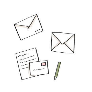 Hand-drawn mail stationery with envelopes and letter on black
