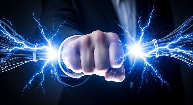 A businessman fist bump with electric blue lightning bolts on fists