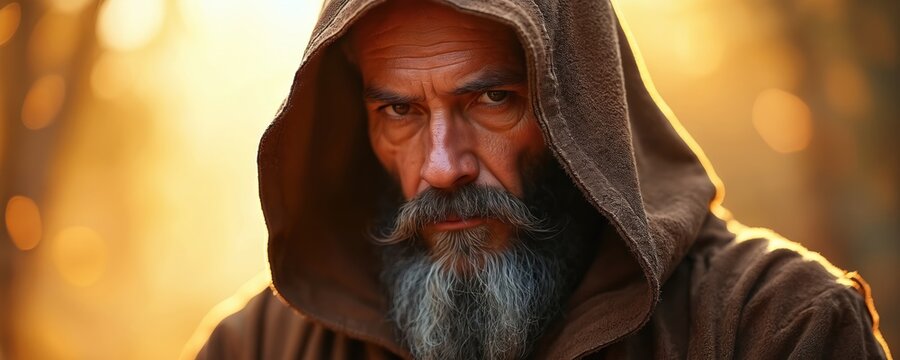 Serious bearded man wears hooded robe, looks intently. Golden light flares behind him in soft focus. Elderly figure evokes wisdom and mystery. Aged face shows deep thought. Storyteller archetype.