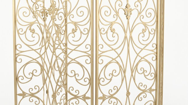 Golden ornate metal gate, decorative scrollwork panel, luxury ironwork design, elegant gold filigree