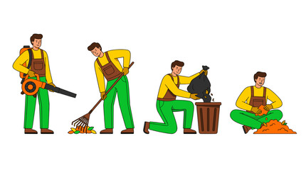 Fototapeta premium Sequence of a man performing yard cleanup tasks using a leaf blower sweeping debris bagging trash and sitting amongst collected leaves illustrating a complete process for outdoor