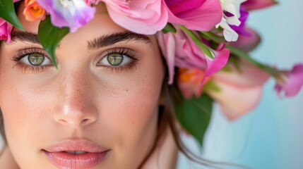 Naklejka premium Close-Up Portrait of a Young Woman with Floral Headpiece and Natural Makeup in Soft Lighting