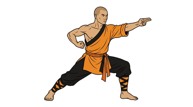 A muscular monk dressed in traditional orange robes performs a powerful martial arts fighting stance move