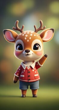 Adorable cartoon deer character with large eyes, antlers, a button-down shirt and shorts, waving happily. Background blurred