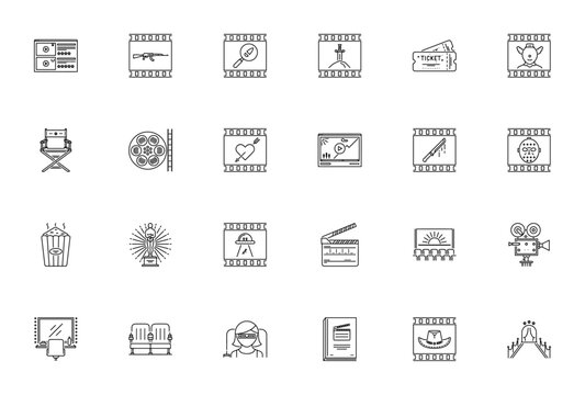 Cinema icon set. Film related vector icons. Minimalist pack includes symbols for rating, ticket, chair, reel, popcorn, Oscar, camera, clapperboard, cinema, script, red carpet and more.