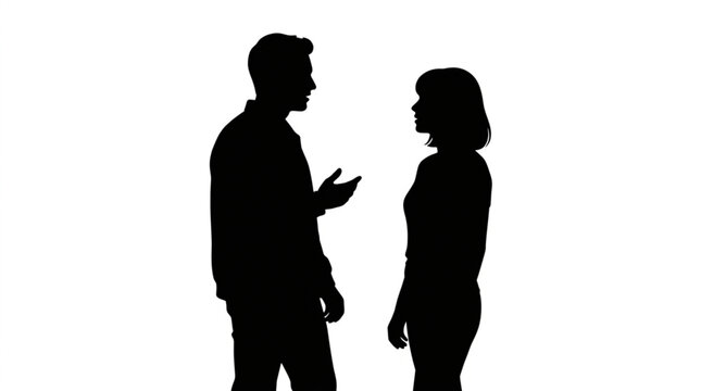 Man and woman silhouettes talking against a white background.