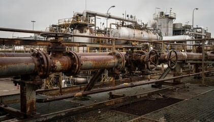 Naklejka premium Detailed medium shot of a weathered hydrotreating unit pipe rack with rusted pipes aged valves and exchangers illustrating years of operation in a gritty petroleum processing