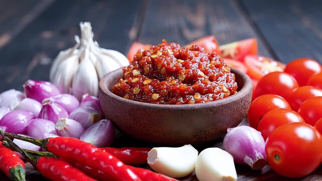 Fresh chili sauce ingredients are available on the table, vegetable background, garlic, shallots.