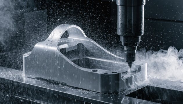 Medium shot of CNC milling machine shaping aluminum electronic housing with high precision highlighting fine metal cutting and smooth surface finishing.