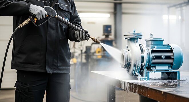 Man in black uniform using high pressure washer on blue industrial pump