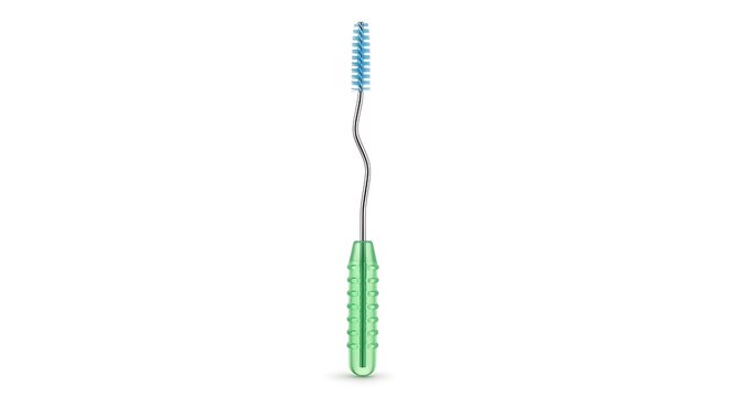 Green Interdental Brush Standing Upright on Clean White Background