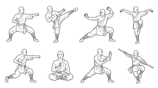 Eight different shaolin monk poses demonstrating various traditional martial arts fighting techniques and meditation styles