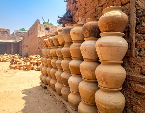 A rustic outdoor scene featuring stacked traditional clay pots arranged in tall vertical formations against a textured brick wall, highlighting handmade imperfections, earthy tones, and rural craftsma