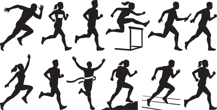 Running silhouette bundle, sprinters, hurdlers, relay baton, finish line, uphill running, athletic motion, track competition, sports illustration, dynamic athlete design