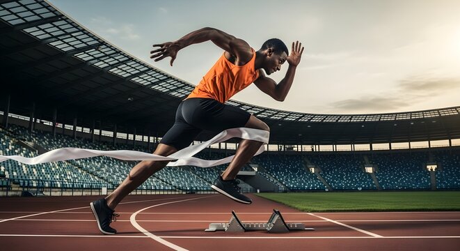 Athlete sprinting across finish line in stadium with blurred crowd and bright sky