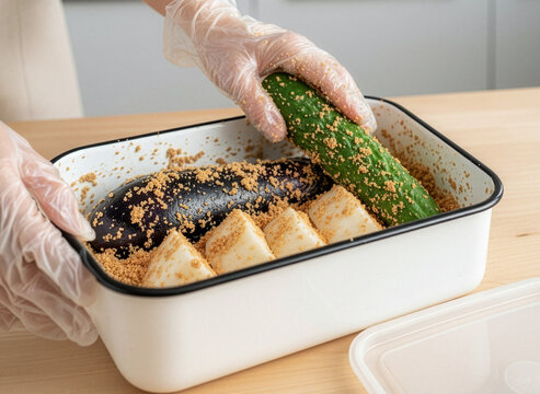 タッパーのぬか床と糠漬け１