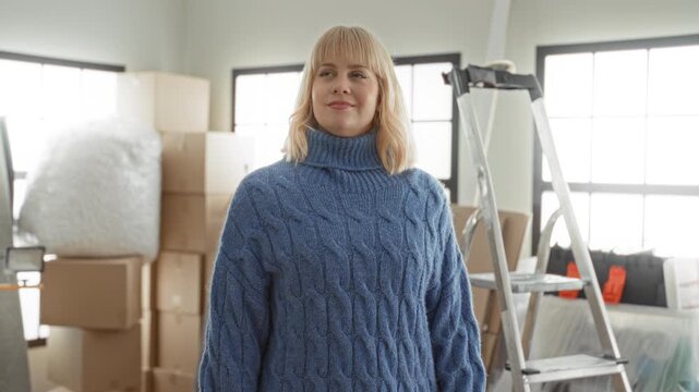 Woman standing among packed moving boxes, ladder, roll of bubblewrap and worklight, gazing sideways as she readies belongings in a studio; calm transition.