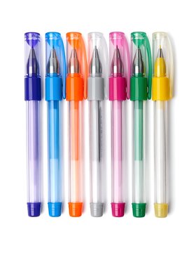 A collection of colorful transparent pens arranged vertically
