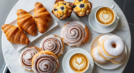 Fototapeta premium Assortment of Freshly Baked Pastries and Coffee with Latte Art