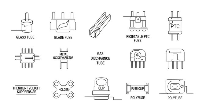 Comprehensive collection of essential electrical fuses and circuit protection devices, rendered in a clean, modern line art style, showcasing a variety of components for electronic systems