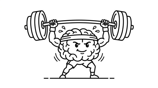 Cartoon brain character lifting heavy weights with determined expression.