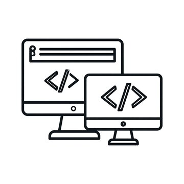 Computer screens with coding symbols displayed.