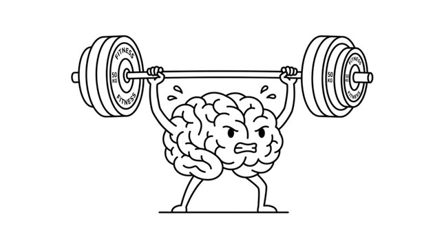 Cartoon brain lifting heavy weights to show mental strength and fitness.