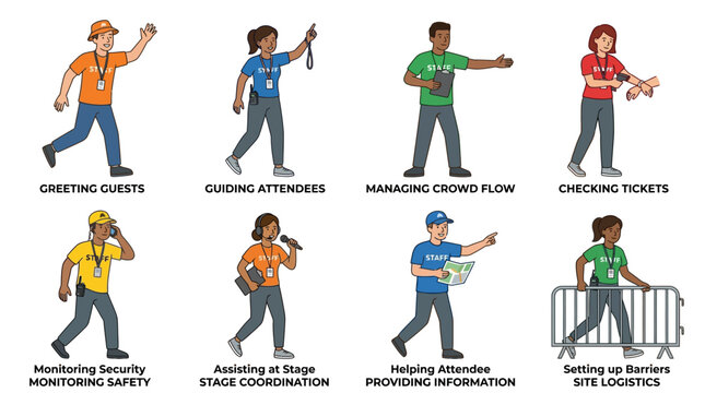 Diverse staff members performing various professional event coordination tasks in a set of illustrated characters