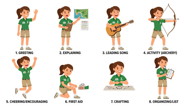 A female camp counselor performing various daily educational activities in a set of eight cartoon poses