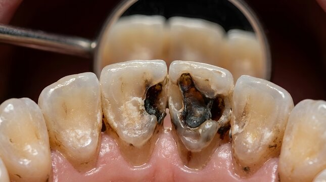 Close-up of severely decayed and rotten human teeth