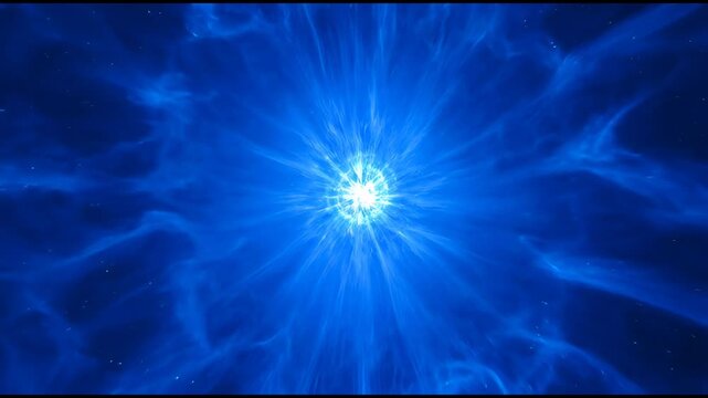 Abstract blue energy explosion with light rays emanating from the center, creating a cosmic or scientific background.
