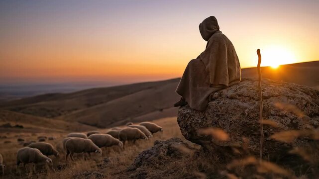 Shepherd man sitting on rock overseeing sheep flock at sunset. Biblical scene representing Jesus Christ as good shepherd in countryside. Religious spiritual theme.