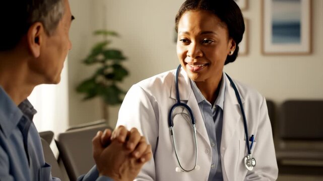 A Black woman doctor takes notes on her clipboard while a man gestures as he speaks.