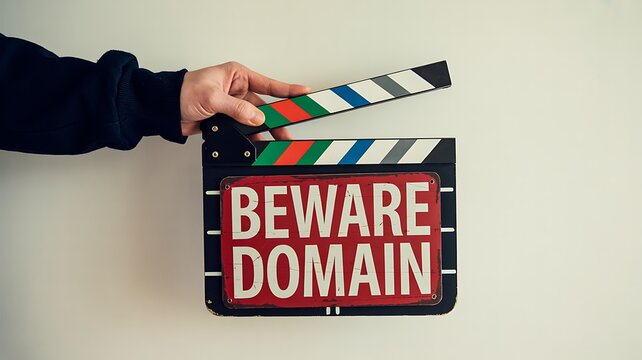 Beware domain warning with clapperboard in hand concept