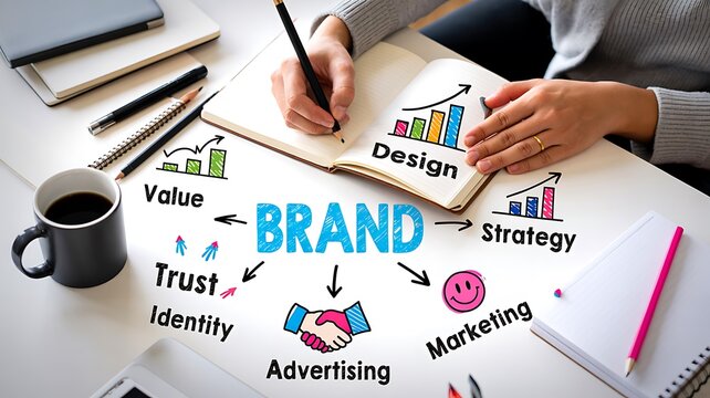 Brand strategy planning with icons and business marketing concept on desk