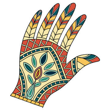Ornate tribal hamsa hand vector with leaf motifs.