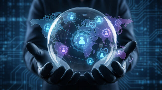 Businessman Holds Crystal Globe Showing Worldwide Human Resource Network Map