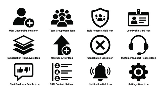 A collection of twelve essential black web interface icons representing various user management, communication, and system control software interface functions.