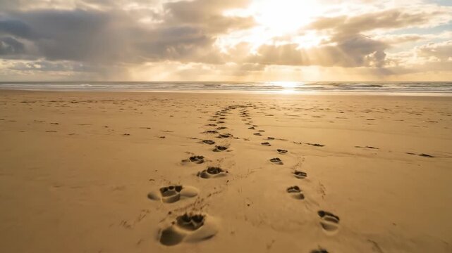 Footprints in the sand leading towards a wooden cross on the beach at sunset. Religious concept reflecting the walk with Jesus Christ during Easter morning light.